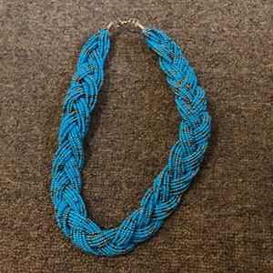 Braided beaded necklace blue turquoise with gold bronze accents